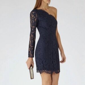 Reiss Deep Ocean Leticia One Shoulder Lace Mini Dress Navy Zip, Women UK 10/US 6
